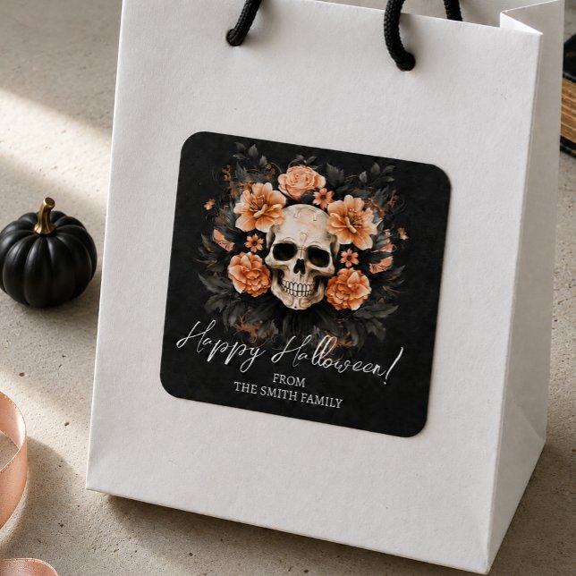 Personalised Vintage Floral Skull Square Sticker (Easily personalize these spooky Halloween stickers with just a few clicks.)