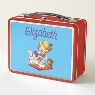 Personalised vintage girl baking a cake    metal lunch box