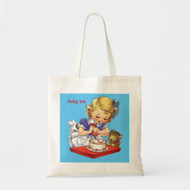 Personalised vintage girl baking a cake   tote bag (Front)