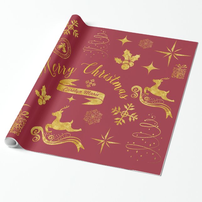 Personalised Vintage Gold Christmas Wrap Wrapping Paper (Unrolled)