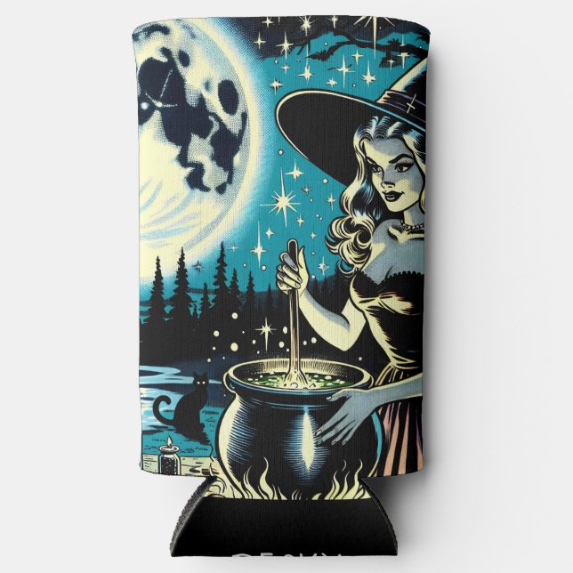 Personalised Vintage Halloween Witch  Seltzer Can Cooler (Front)