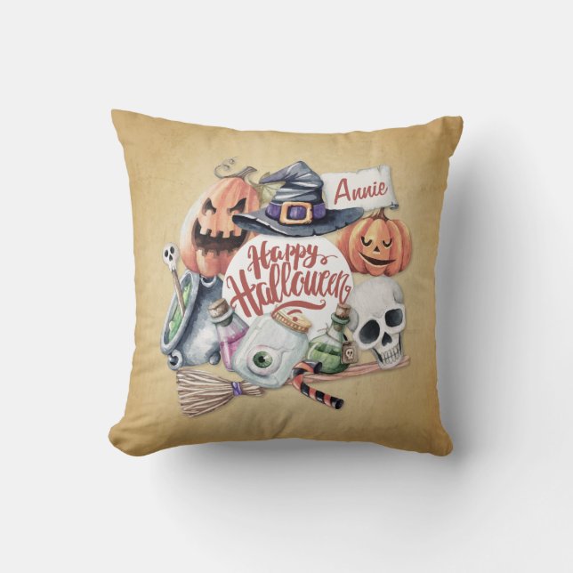 Personalised Vintage Happy Halloween Throw Pillow (Front)