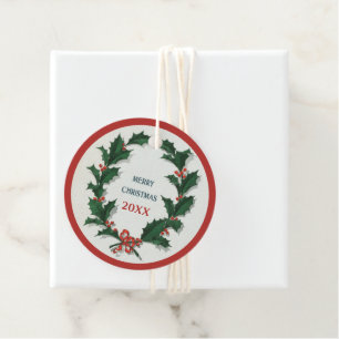 Personalised Vintage Holly Wreath Merry Christmas Favour Tags
