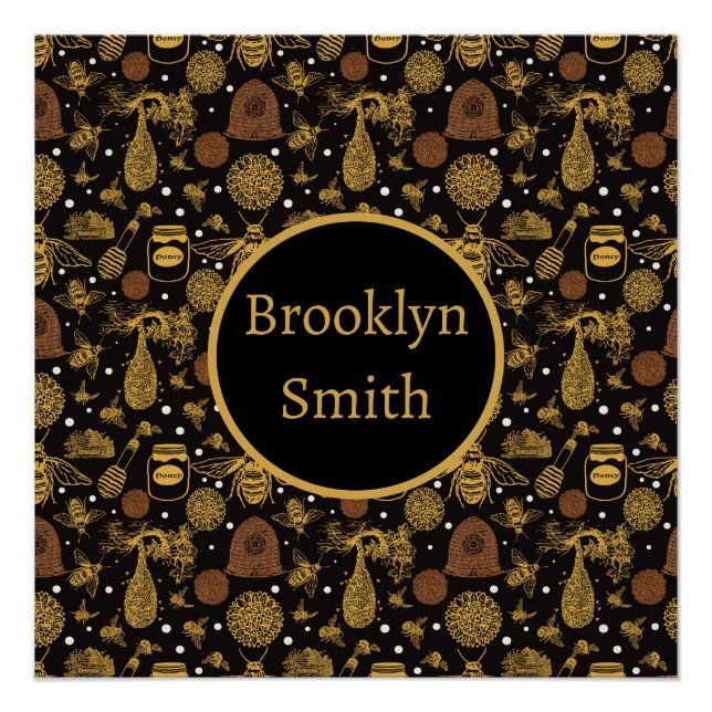Personalised Vintage Honey Bumblebee Black Poster (Front)