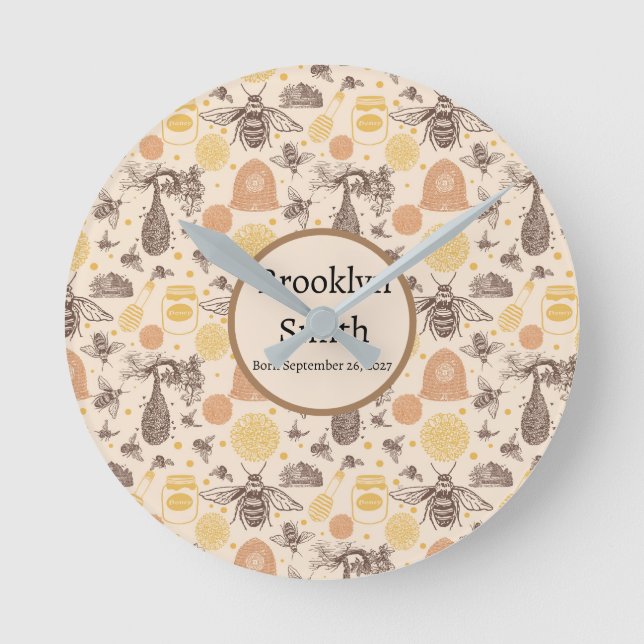 Personalised Vintage Honey Bumblebee Round Clock (Front)