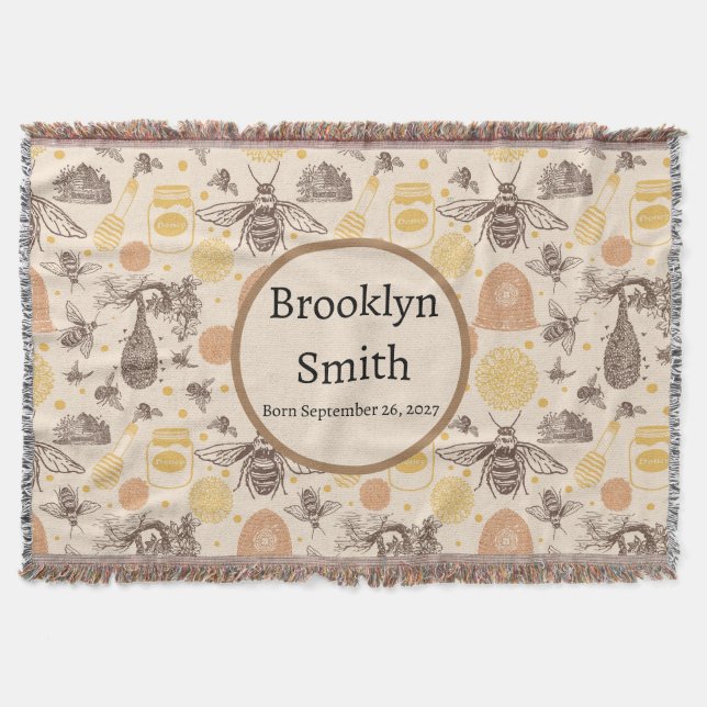Personalised Vintage Honey Bumblebee Throw Blanket (Front)