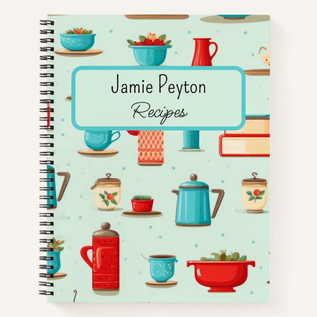 Personalised Vintage Kitchen Teal Red Recipe Book (Front)