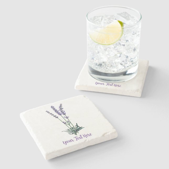 Personalised Vintage Lavender Flower Stone Coaster (Side)