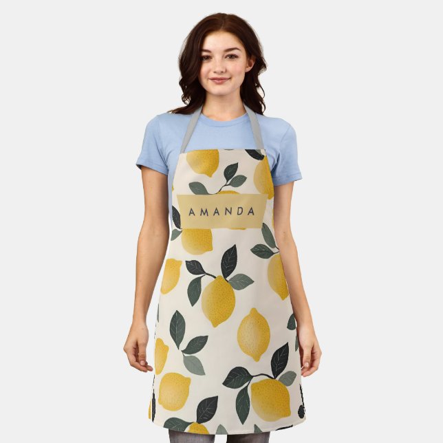 Personalised Vintage Lemons with Green Leaves Apron (Worn)