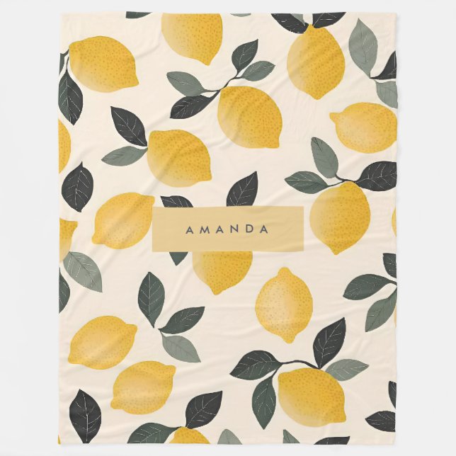 Personalised Vintage Lemons with Green Leaves Fleece Blanket (Front)