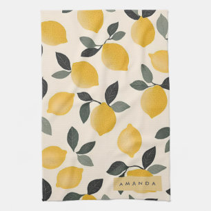 Personalised Vintage Lemons with Green Leaves Tea Towel