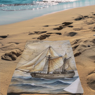 Personalised Vintage Nautical Ship w/ Antique Map Beach Towel