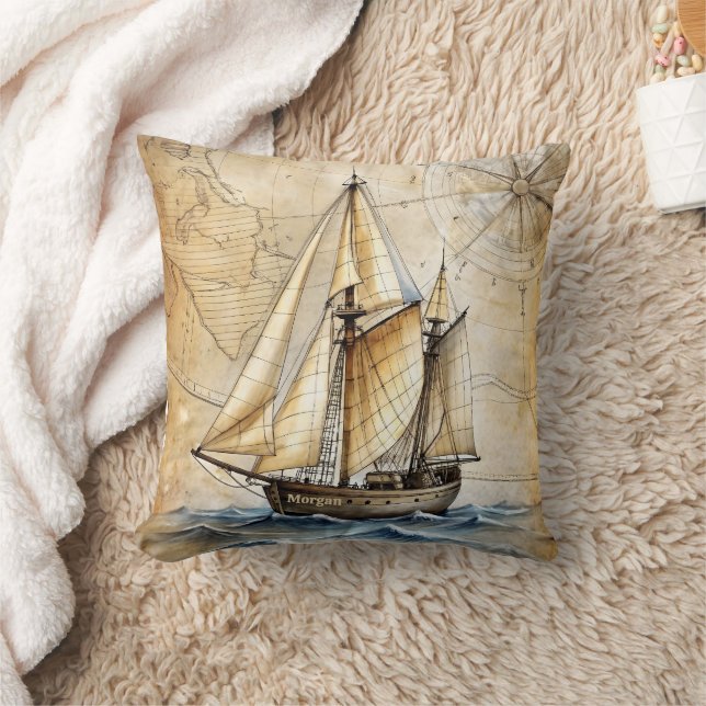 Personalised Vintage Nautical Ship w/ Antique Map Cushion (Blanket)