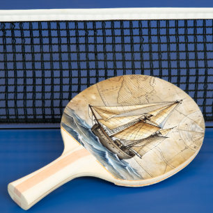 Personalised Vintage Nautical Ship w/ Antique Map Ping Pong Paddle