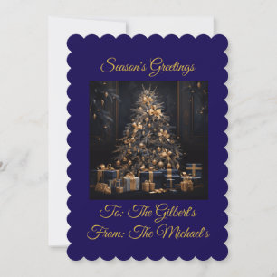 Personalised Vintage Navy Blue and Gold Christmas  Holiday Card