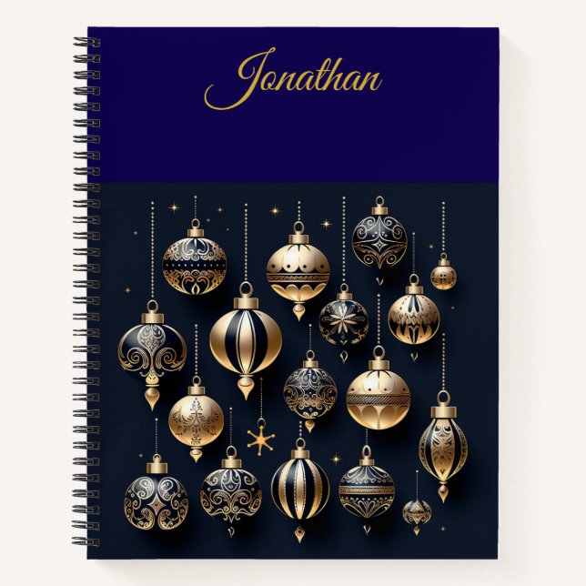Personalised Vintage Navy Blue and Gold Christmas  Notebook (Front)