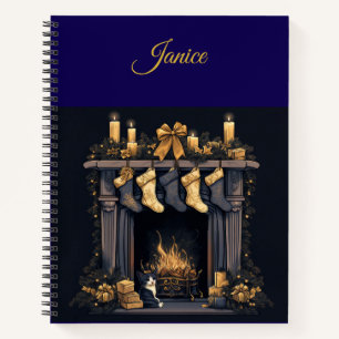 Personalised Vintage Navy Blue and Gold Christmas Notebook