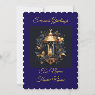  Personalised Vintage Navy Blue and Gold Lantern  Holiday Card