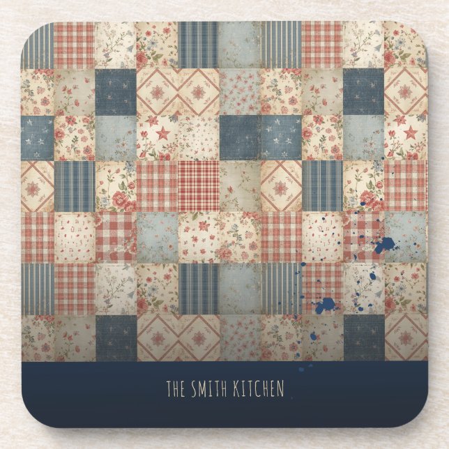 Personalised Vintage Patchwork Family Kitchen Coaster (Front)