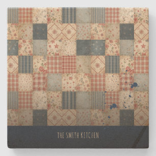 Personalised Vintage Patchwork Family Kitchen Stone Coaster