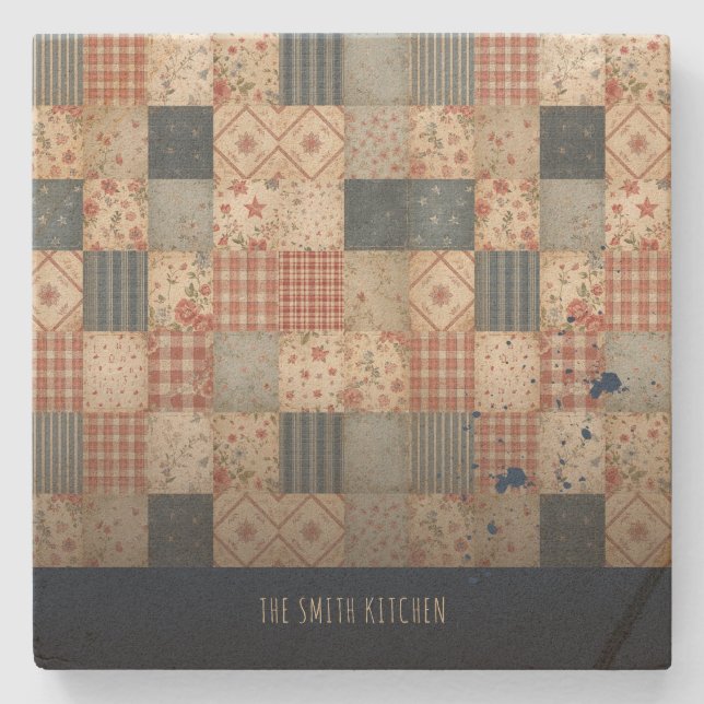 Personalised Vintage Patchwork Family Kitchen Stone Coaster (Front)