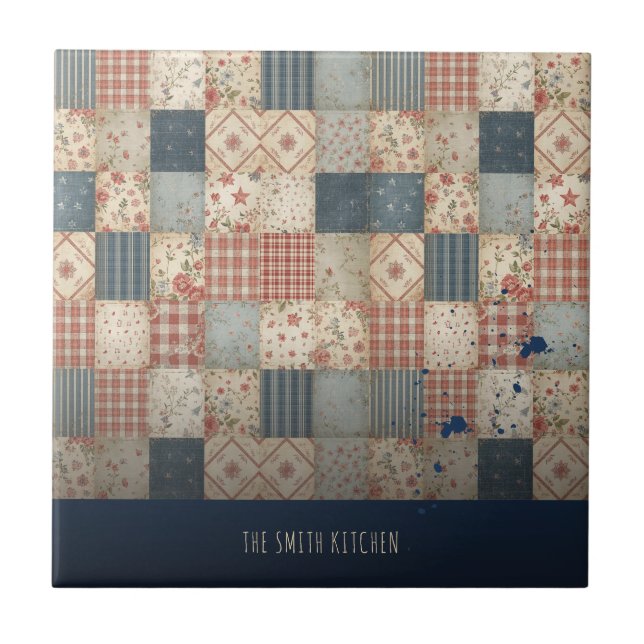 Personalised Vintage Patchwork Family Kitchen Tile (Front)