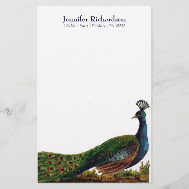 Personalised Vintage Peacock Stationery (Front)