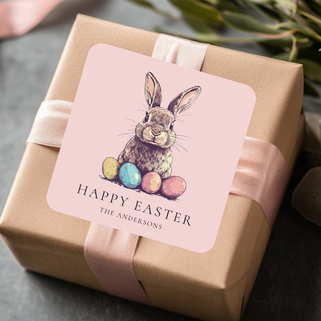 Personalised Vintage Pink Bunny & Egg Easter Square Sticker (Creator Uploaded)