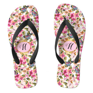 Personalised Vintage Pink Floral Pattern Monogram Jandals