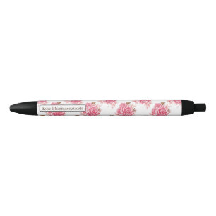 Personalised Vintage Pink Rose Butterfly Floral Black Ink Pen