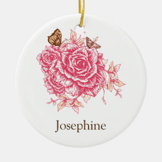 Personalised Vintage Pink Rose Flower Butterf Ceramic Tree Decoration
