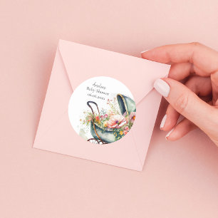 Personalised Vintage Pram Baby Shower Classic Round Sticker