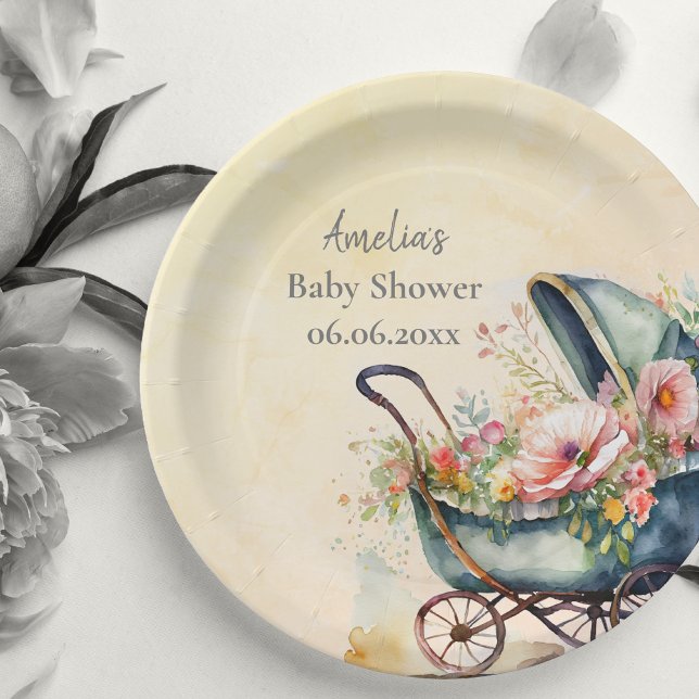 Personalised Vintage Pram Baby Shower Paper Plate (Creator Uploaded)