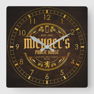 Personalised Vintage Pub Sign Rustic Wood Square Wall Clock