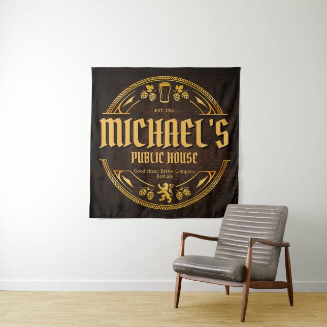 Personalised Vintage Pub Sign Rustic Wood Tapestry (In Situ)