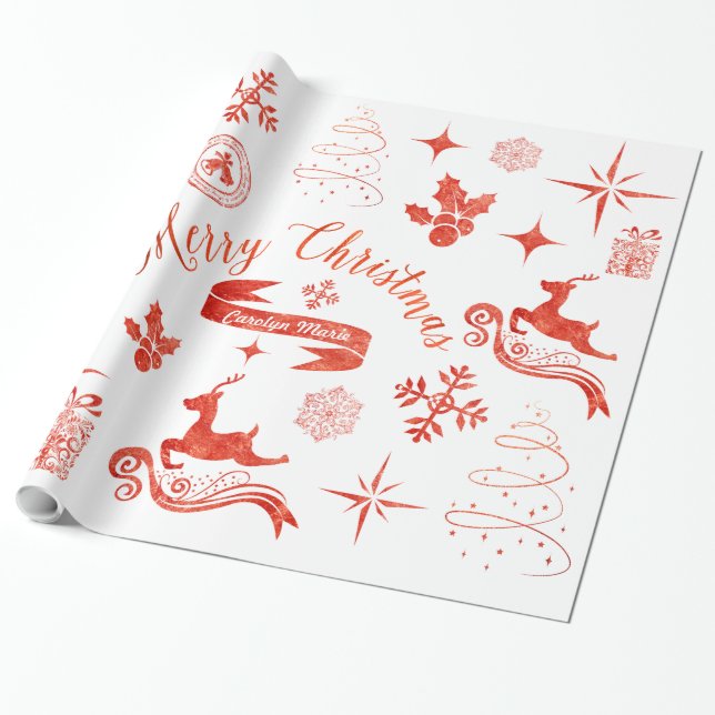 Personalised Vintage Red & White Christmas Wrap Wrapping Paper (Unrolled)