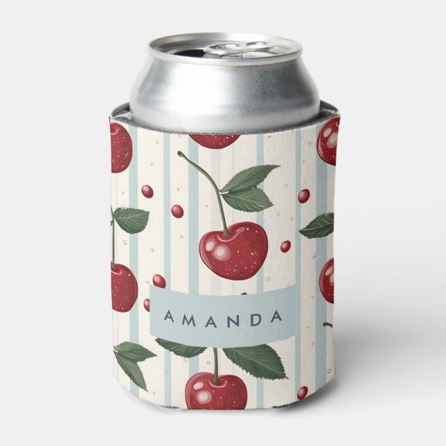 Personalised Vintage Retro Red Cherry Pattern Can Cooler (Can Front)