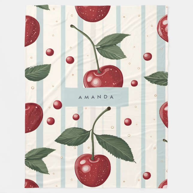 Personalised Vintage Retro Red Cherry Pattern Fleece Blanket (Front)