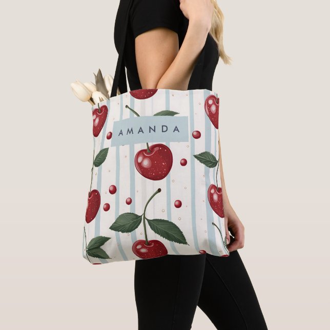 Personalised Vintage Retro Red Cherry Pattern Tote Bag (Close Up)