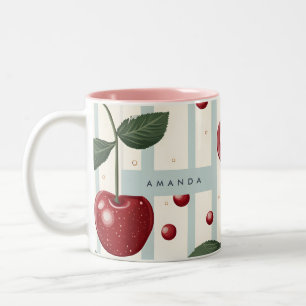 Personalised Vintage Retro Red Cherry Pattern Two-Tone Coffee Mug
