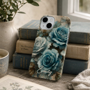 Personalised Vintage Shabby Chic Pastel Blue Rose iPhone 15 Case