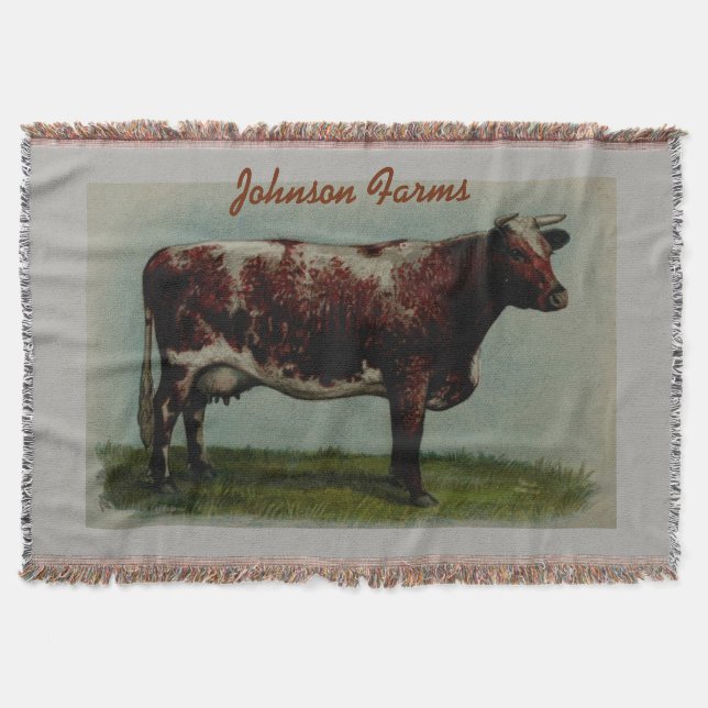 Personalised Vintage Shorthorn Cow Throw Blanket (Front)