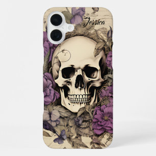 Personalised Vintage Skull and Purple flowers iPhone 16 Plus Case