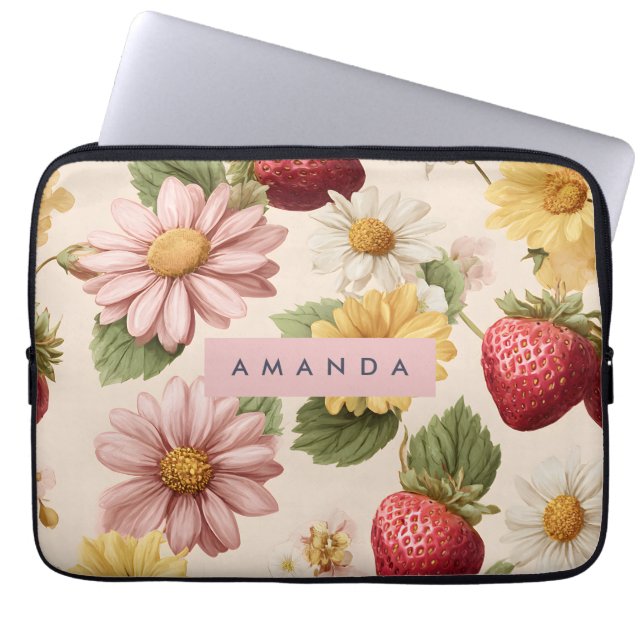 Personalised Vintage Strawberry & Flower Pattern Laptop Sleeve (Front)