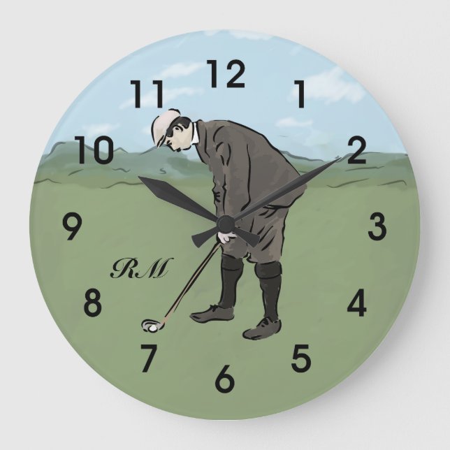 Personalised Vintage style golfer putting Large Clock (Front)