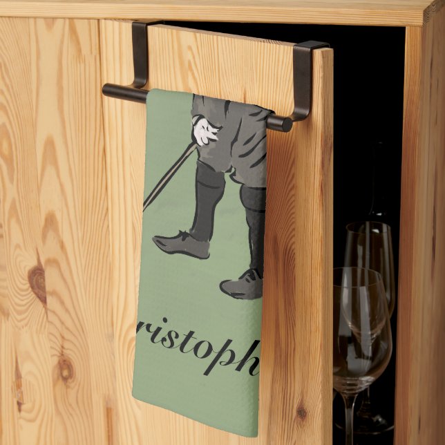 Personalised Vintage style golfer putting Tea Towel (Thirds Fold)