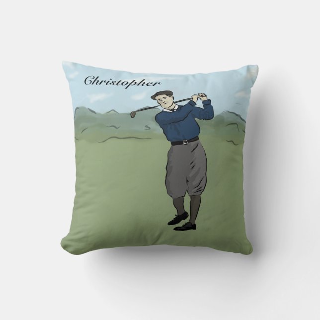 Personalised Vintage style golfer swinging his clu Cushion (Front)