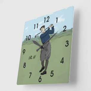 Personalised Vintage style golfer swinging his clu Square Wall Clock