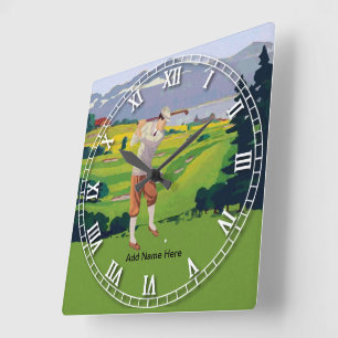 Personalised Vintage Style Highlands Golfing Scene Square Wall Clock