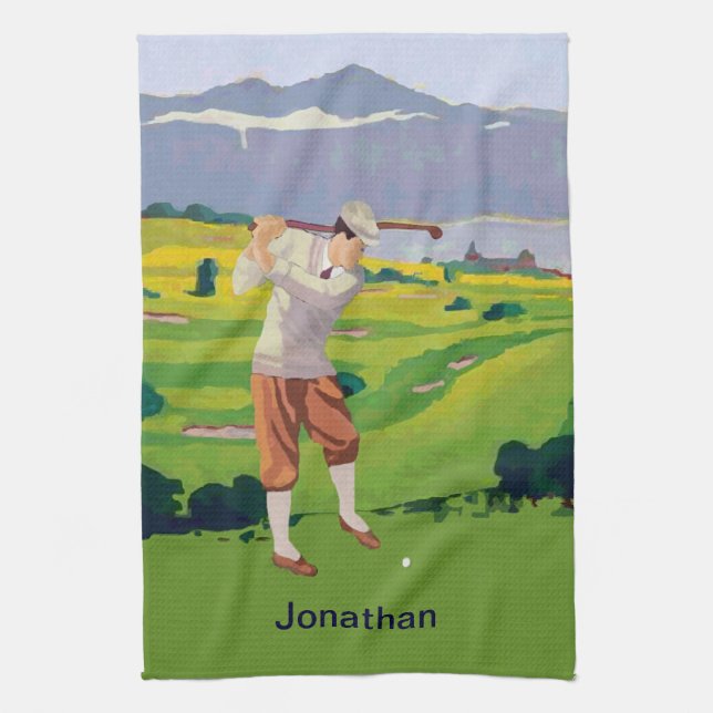 Personalised Vintage Style Highlands Golfing Scene Tea Towel (Vertical)